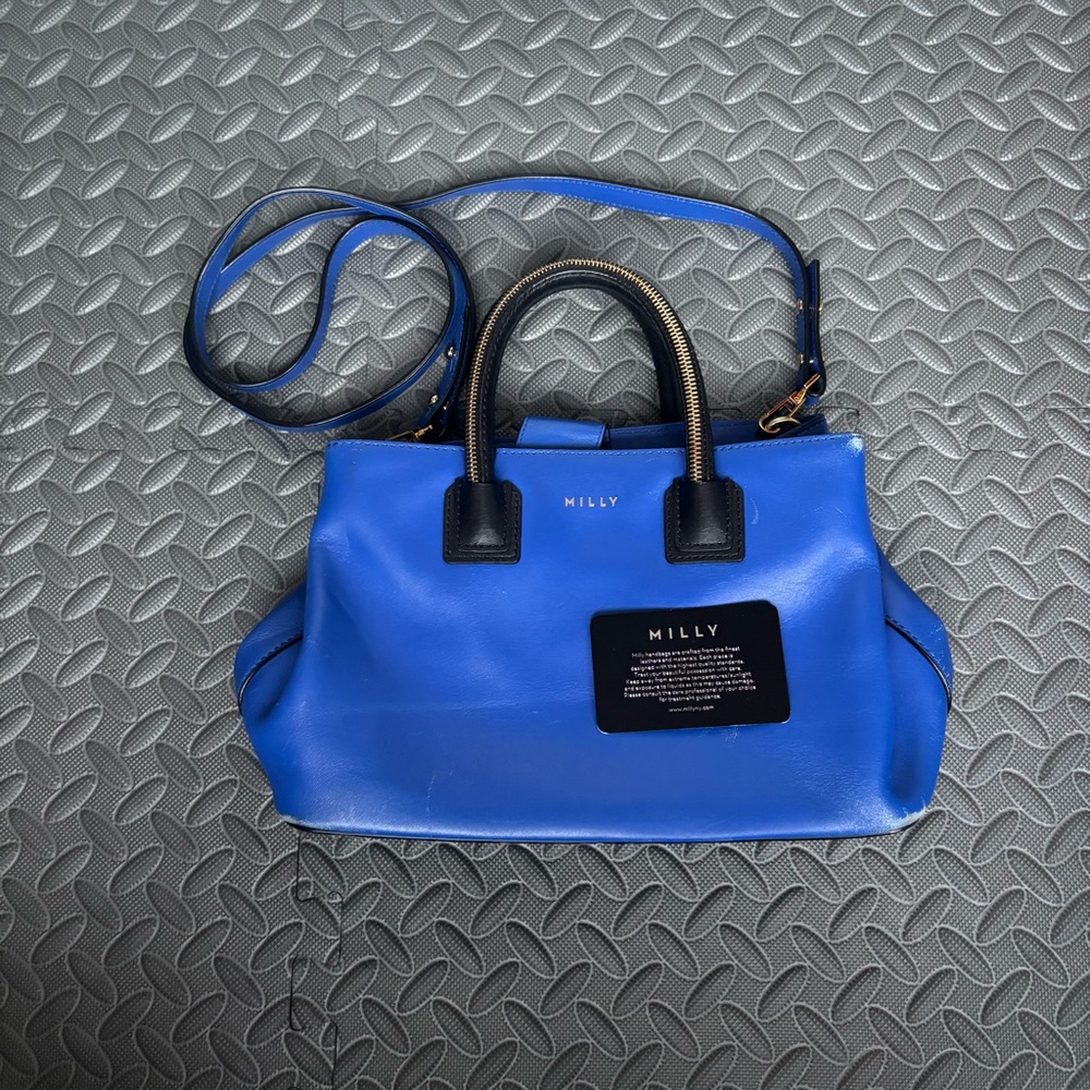 Milly Logan Small Tote Bag Blue Leather Crossbody Handbag